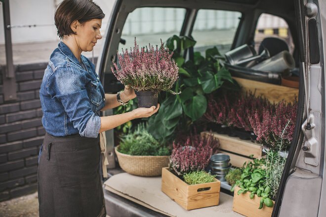 Florist at the back of a van