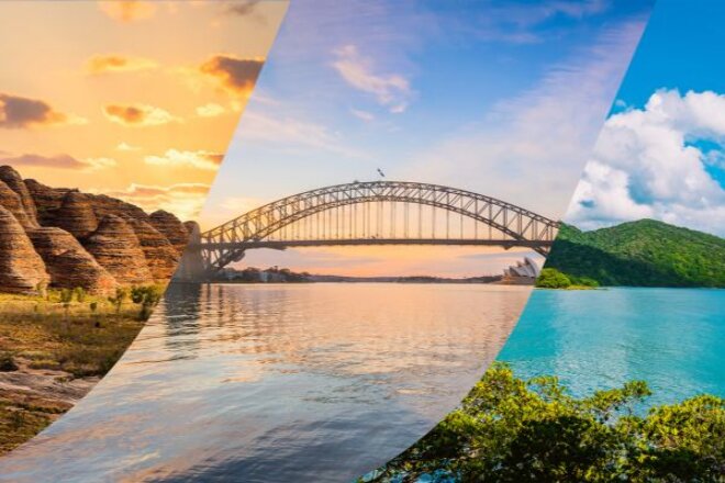 Sydney Harbour bridge, Ayres Rock and Barrier Reef