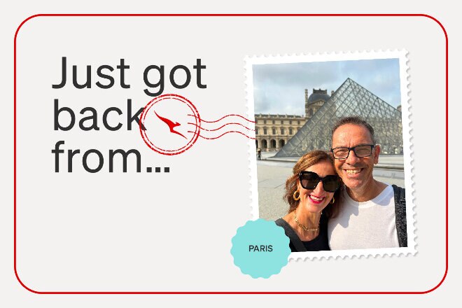 Smiling couple standing in front of the Louvre, Paris - Just got back from...