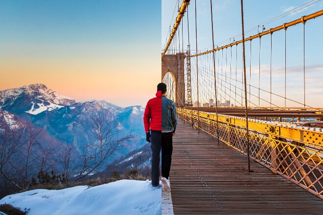 Split image of person on snowy mountain and walking along the Brooklyn Bridge