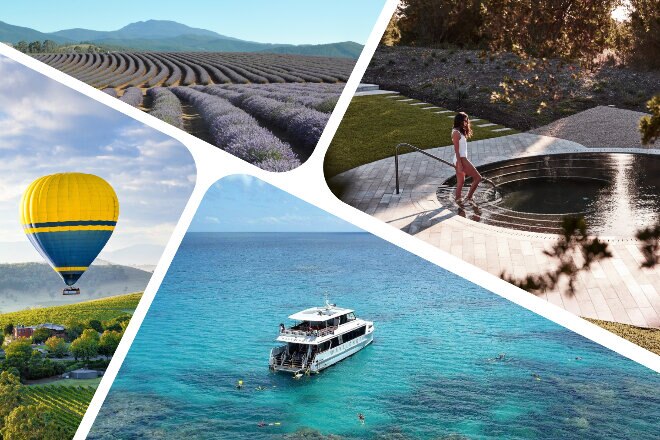Photo collage: lavender fields, hot springs, hot air balloon, boat on reef