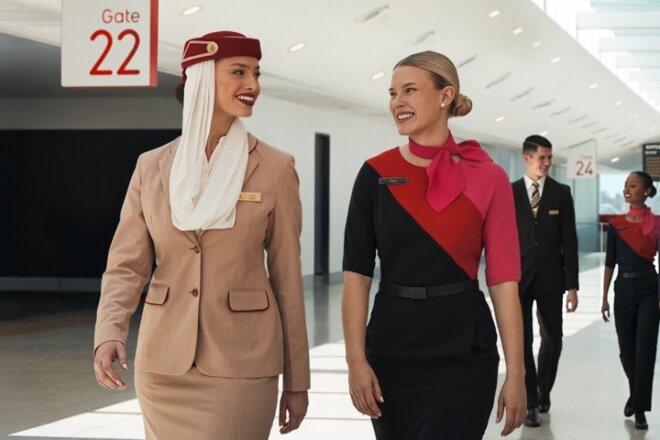 Qantas and Emirates crew walking through the airport