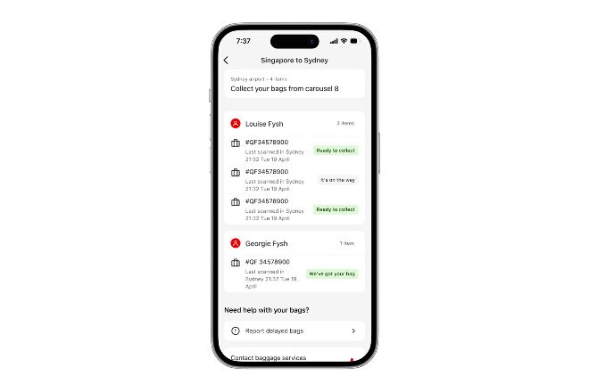 Track my bags screen in Qantas App