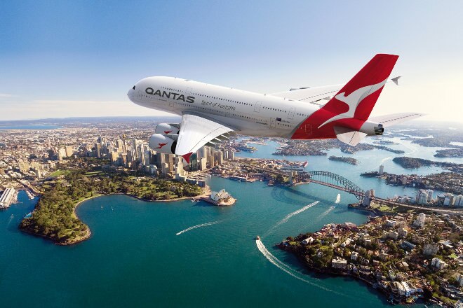 Qantas A380 flying over Sydney Harbour