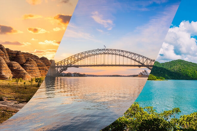 邦格爾邦格爾山脈 (Bungle Bungle Range)、雪梨海港大橋 (Sydney Harbour Bridge)、苦難角 (Cape Tribulation) 的分割視圖