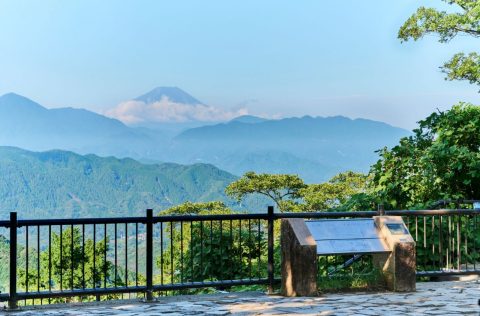 The summit of Mount Takao with Mount Fuji in the distance
