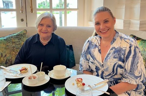 Louise Ballard enjoying afternoon tea at Raffles Singapore