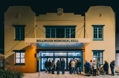 people standing out the front of a building at Bellingen Readers & Writers festival, Bellingen, NSW