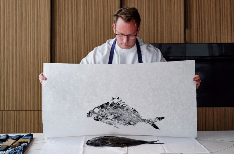 Chef Ben Devlin of Pipit, NSW, with one of his gyotaku fish prints