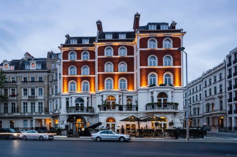 Exterior of Baglioni Hotel in early evening