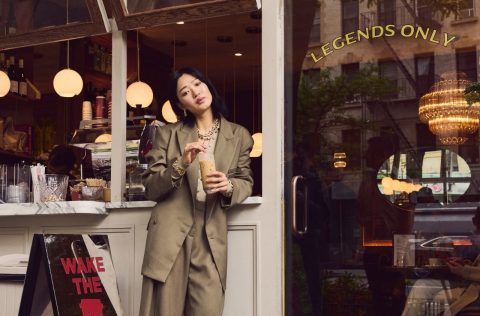 Selina Yang outside Fellini Coffee in Chelsea, New York