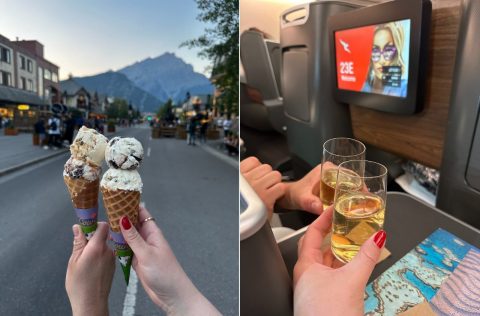 Ryan and his wife eat ice-cream in Banff, Canada; toasting take-off on their Qantas flight home